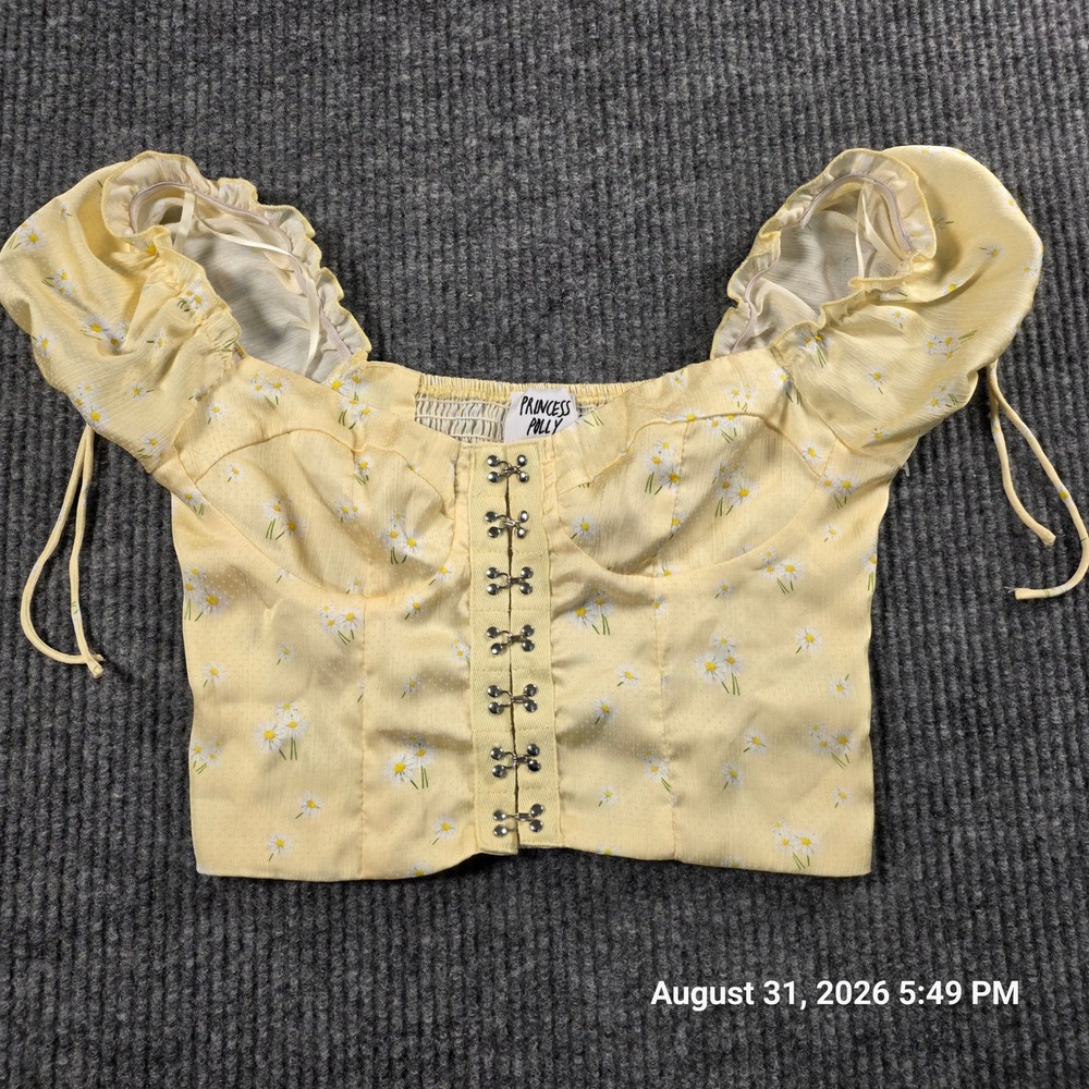 Princess Polly Yellow Floral Hook and Eye Puff Sleeve Crop Top US 4 Cottagecore